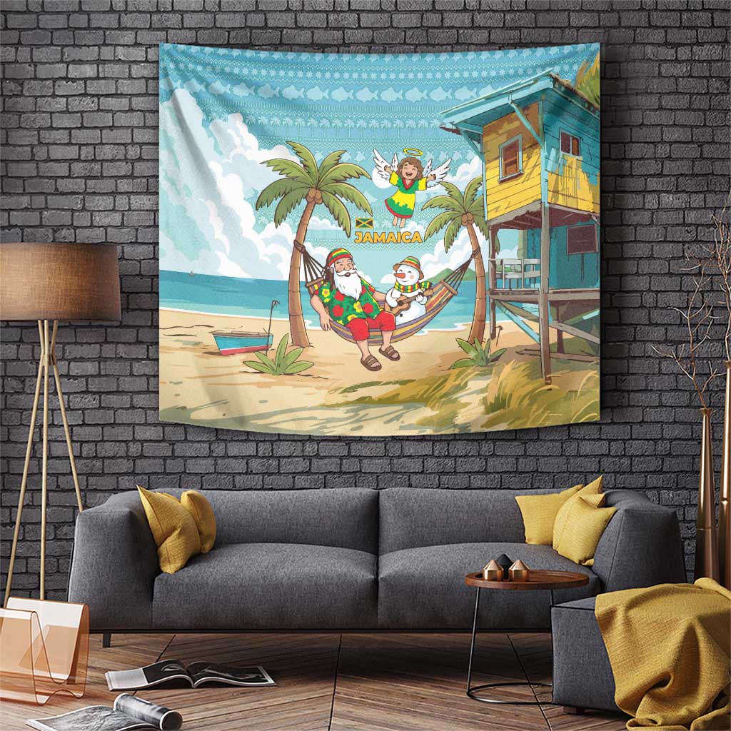 Jamaica Christmas Tapestry with Rasta Santa Snowman Hammock Angel Palm Trees and Tropical Beach Design - Wonder Print Shop