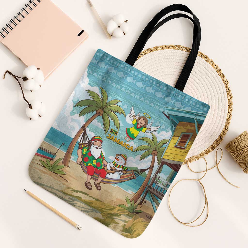 Jamaica Christmas Tote Bag with Rasta Santa Snowman Hammock Angel Palm Trees and Tropical Beach Design - Wonder Print Shop