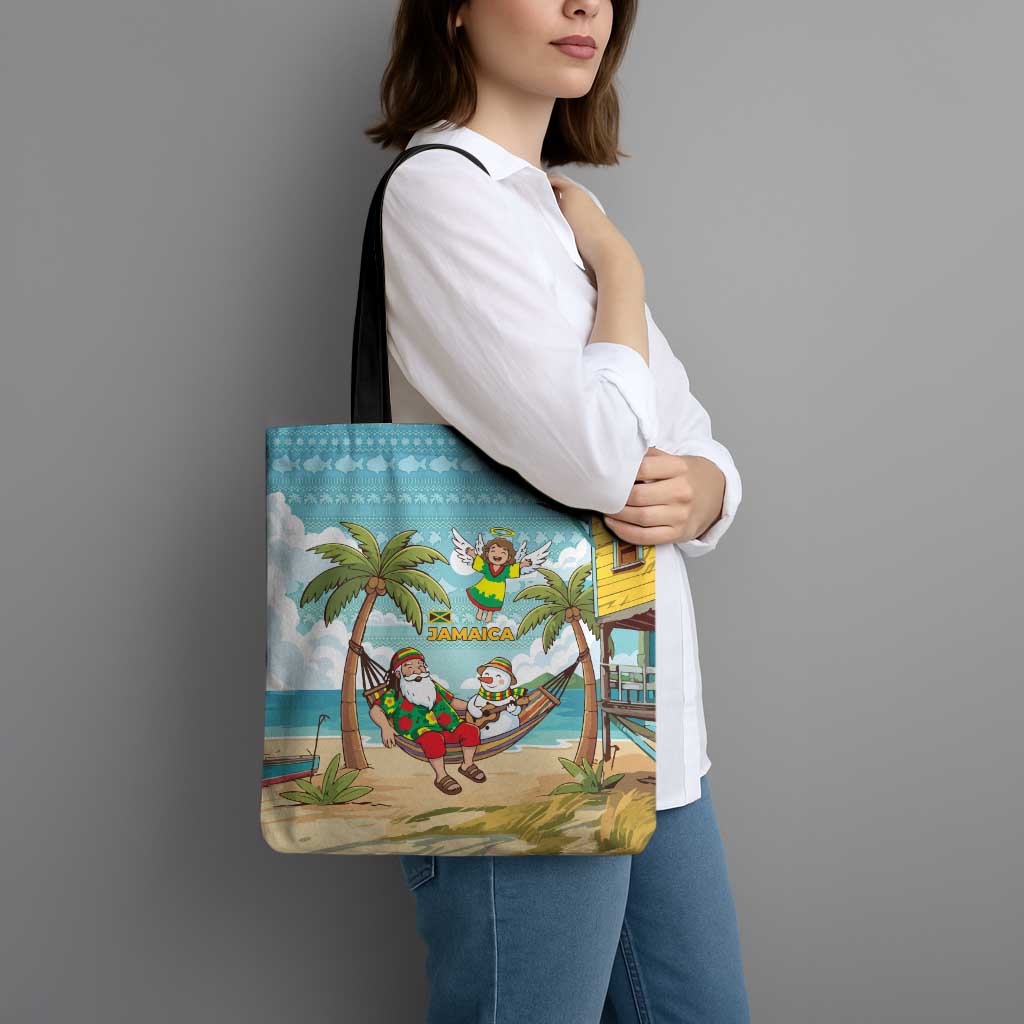 Jamaica Christmas Tote Bag with Rasta Santa Snowman Hammock Angel Palm Trees and Tropical Beach Design - Wonder Print Shop