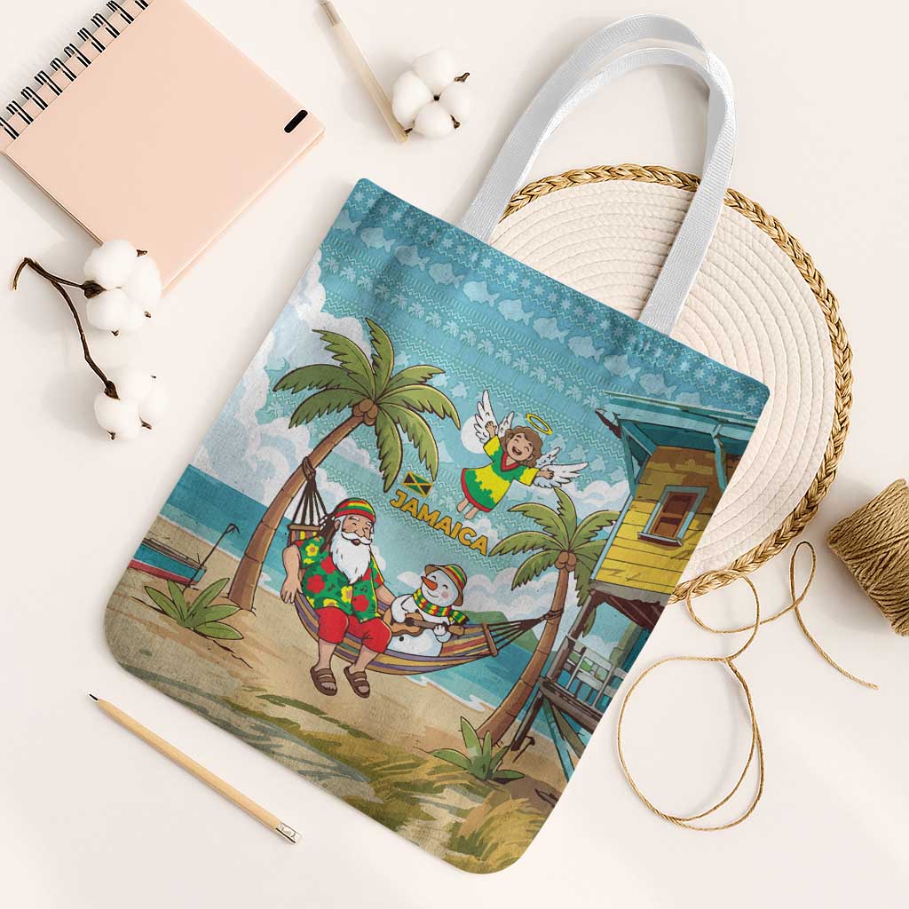 Jamaica Christmas Tote Bag with Rasta Santa Snowman Hammock Angel Palm Trees and Tropical Beach Design - Wonder Print Shop