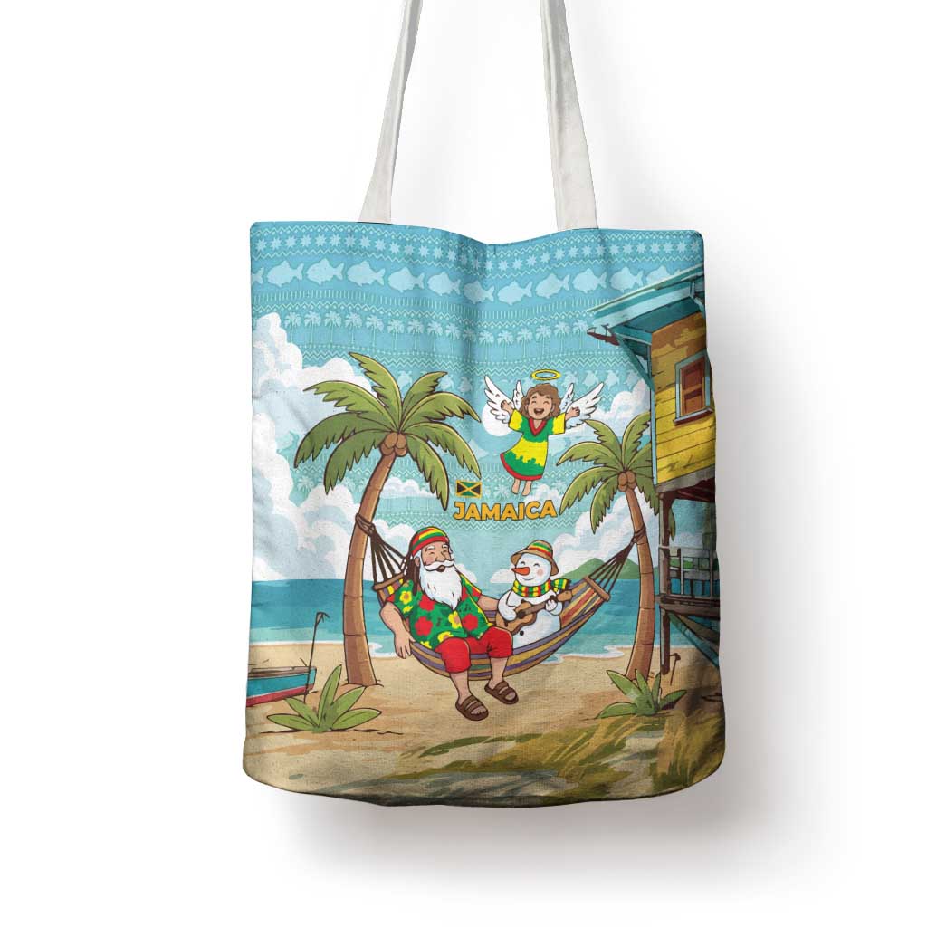 Jamaica Christmas Tote Bag with Rasta Santa Snowman Hammock Angel Palm Trees and Tropical Beach Design - Wonder Print Shop