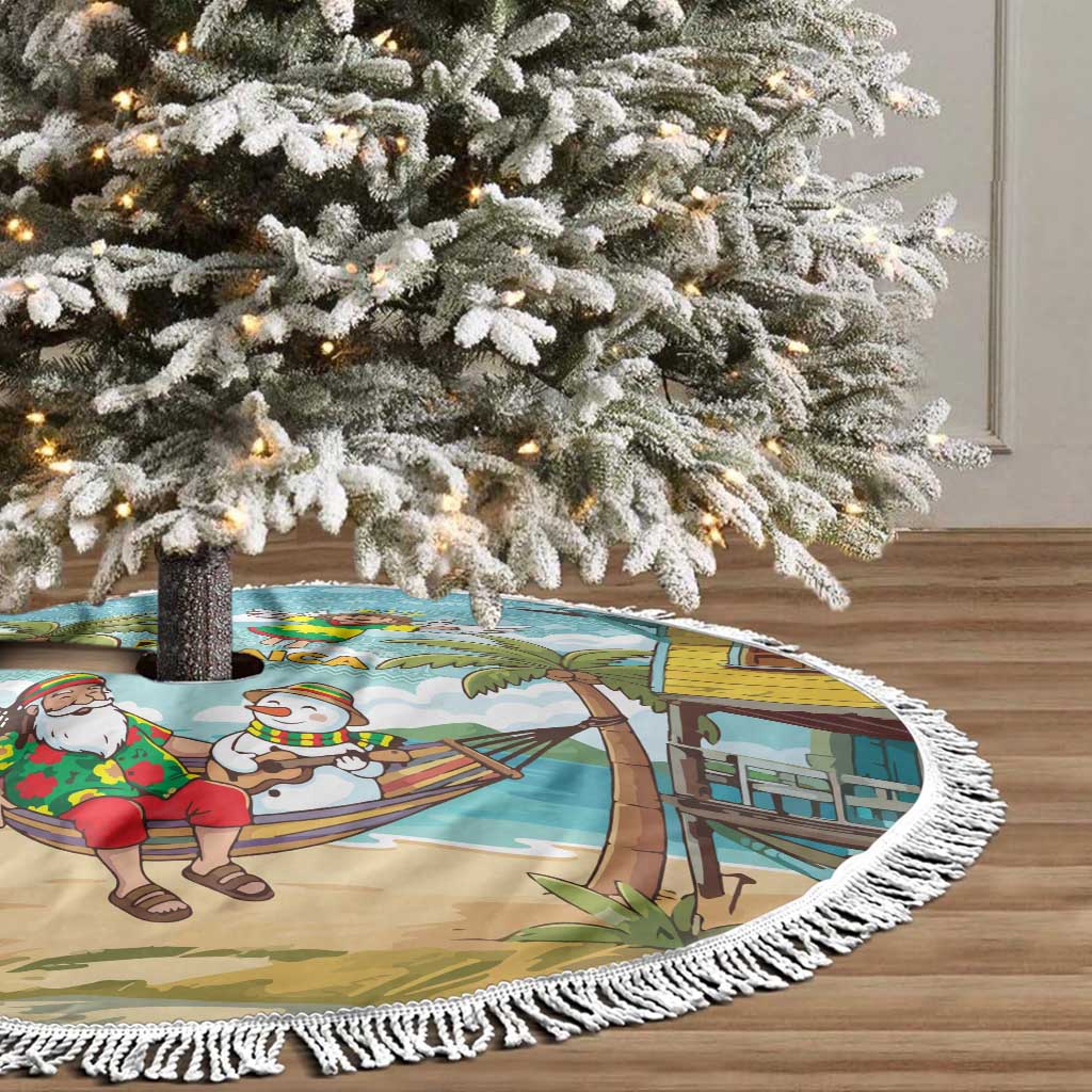 Jamaica Christmas Tree Skirt with Rasta Santa Snowman Hammock Angel Palm Trees and Tropical Beach Design - Wonder Print Shop