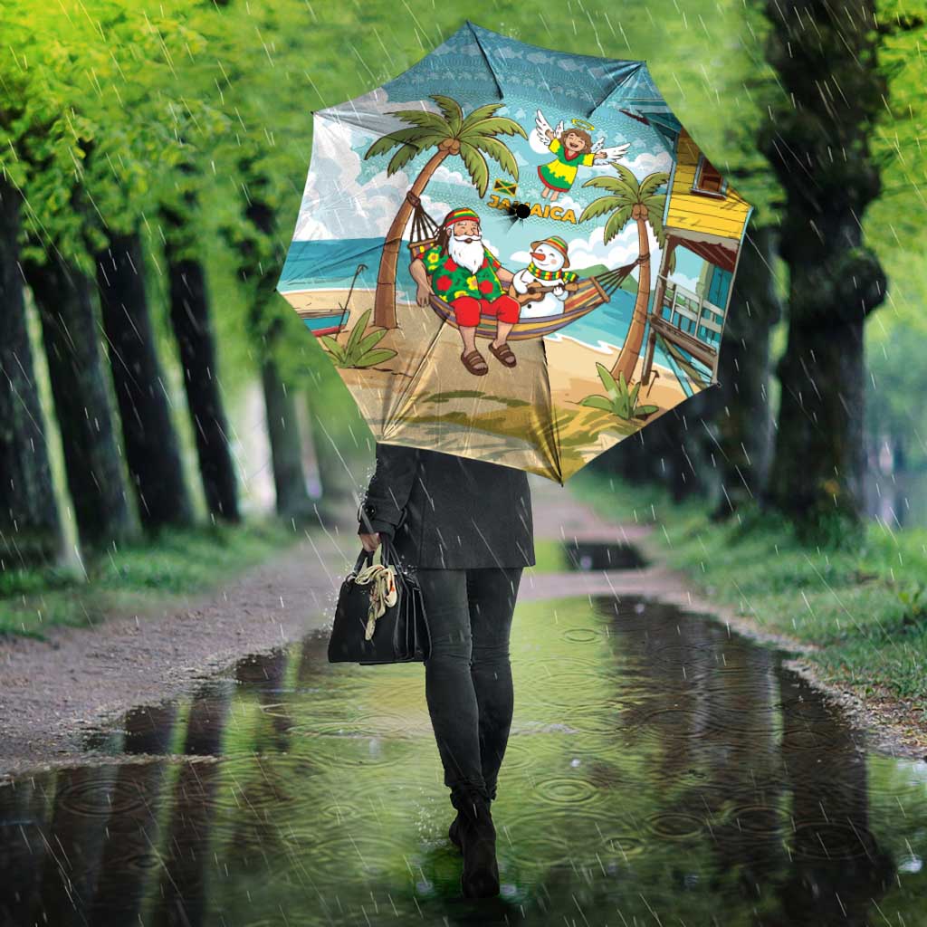 Jamaica Christmas Umbrella with Rasta Santa Snowman Hammock Angel Palm Trees and Tropical Beach Design - Wonder Print Shop