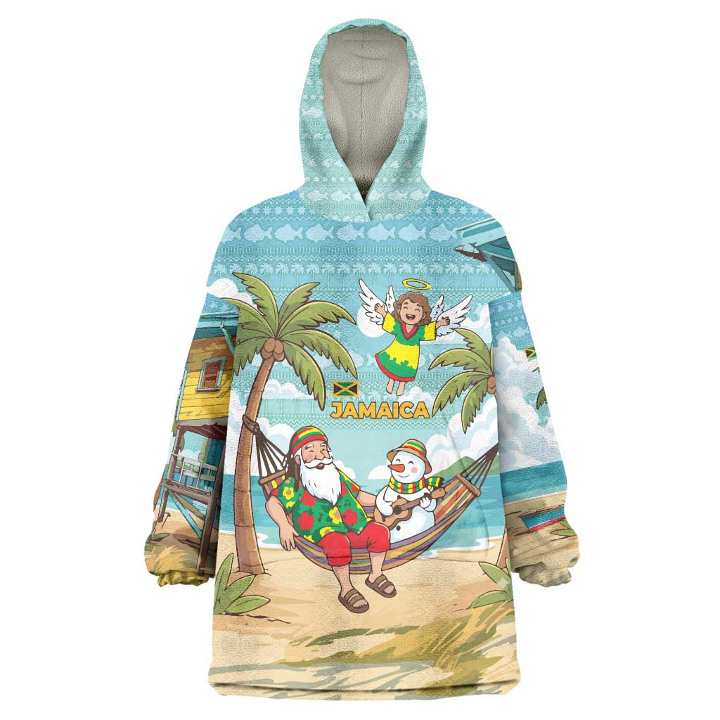 Jamaica Christmas Wearable Blanket Hoodie with Rasta Santa Snowman Hammock Angel Palm Trees and Tropical Beach Design - Wonder Print Shop