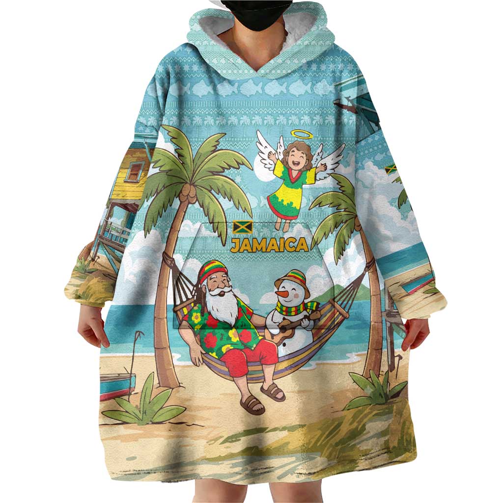 Jamaica Christmas Wearable Blanket Hoodie with Rasta Santa Snowman Hammock Angel Palm Trees and Tropical Beach Design - Wonder Print Shop