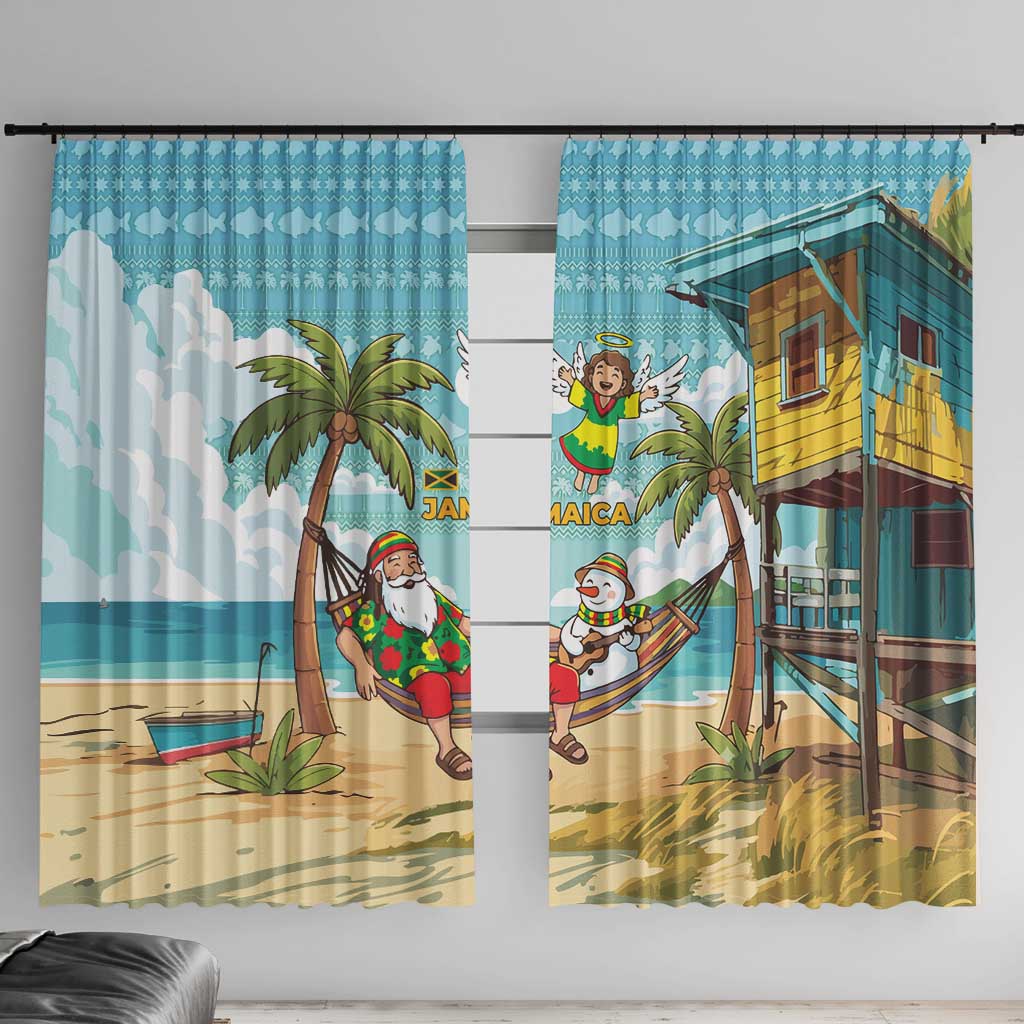 Jamaica Christmas Window Curtain with Rasta Santa Snowman Hammock Angel Palm Trees and Tropical Beach Design - Wonder Print Shop