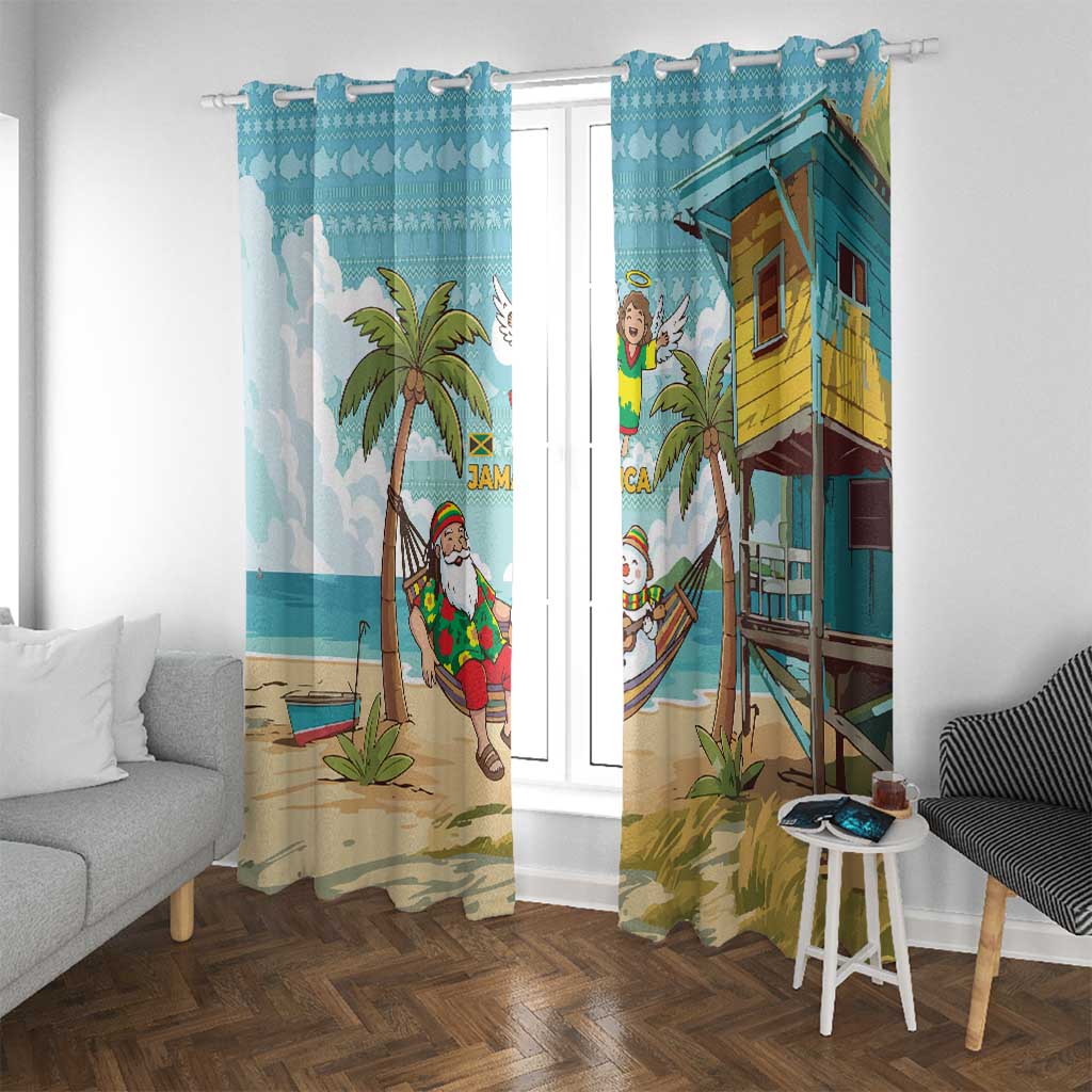 Jamaica Christmas Window Curtain with Rasta Santa Snowman Hammock Angel Palm Trees and Tropical Beach Design - Wonder Print Shop