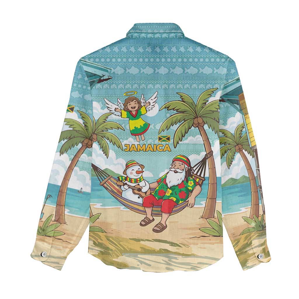 Jamaica Christmas Women Casual Shirt with Rasta Santa Snowman Hammock Angel Palm Trees and Tropical Beach Design - Wonder Print Shop