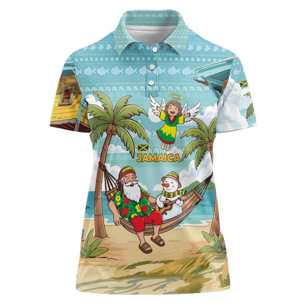 Jamaica Christmas Women Polo Shirt with Rasta Santa Snowman Hammock Angel Palm Trees and Tropical Beach Design - Wonder Print Shop