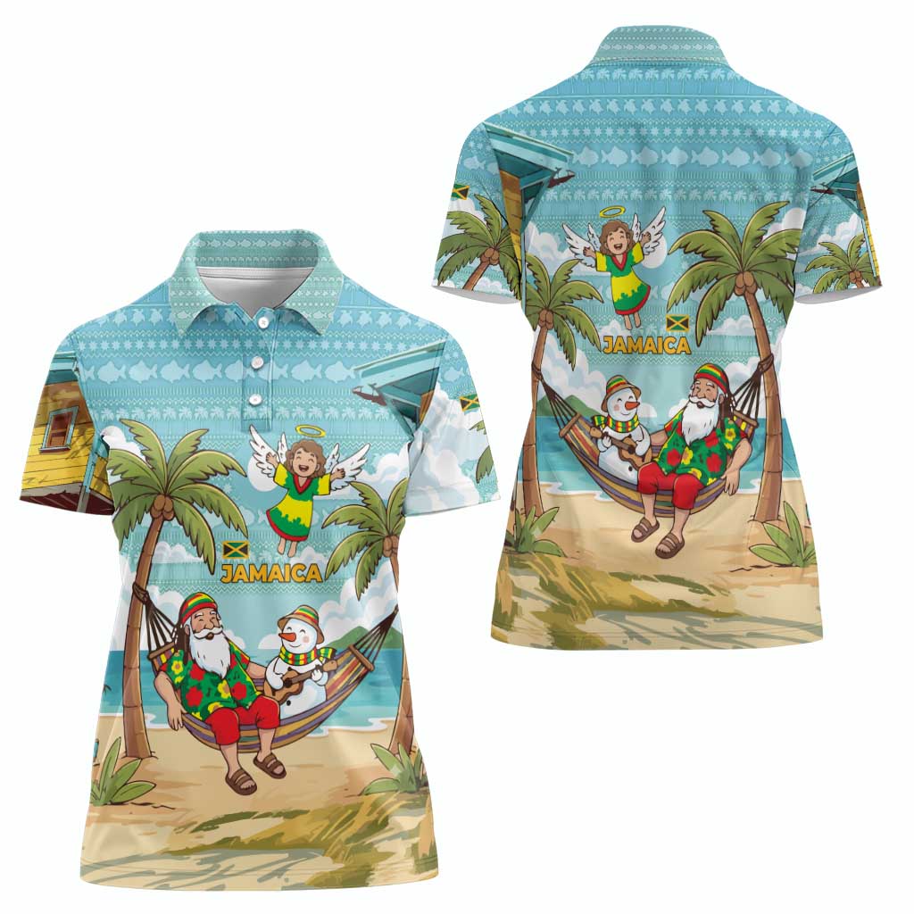 Jamaica Christmas Women Polo Shirt with Rasta Santa Snowman Hammock Angel Palm Trees and Tropical Beach Design - Wonder Print Shop