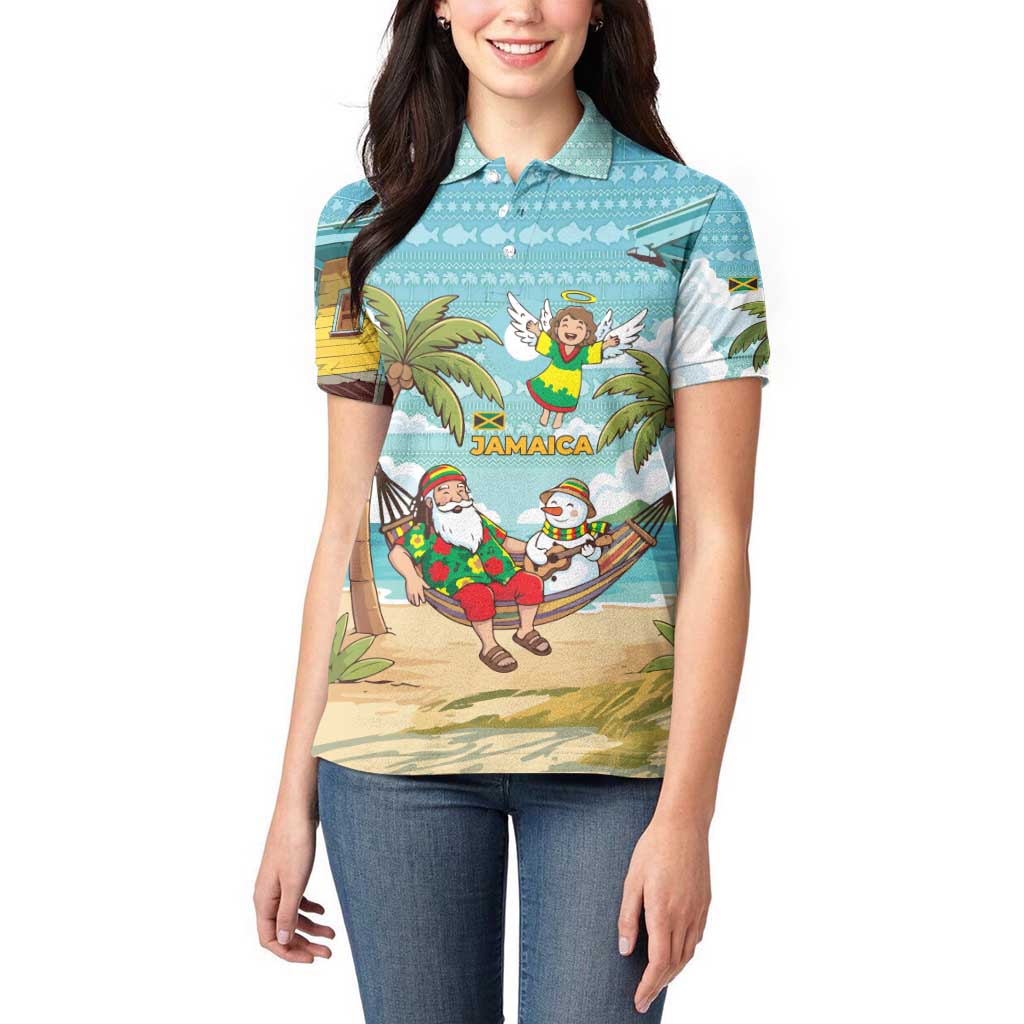 Jamaica Christmas Women Polo Shirt with Rasta Santa Snowman Hammock Angel Palm Trees and Tropical Beach Design - Wonder Print Shop