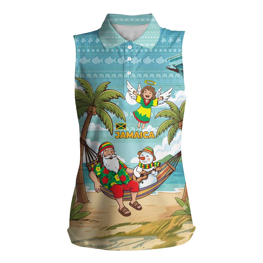 Jamaica Christmas Women Sleeveless Polo Shirt with Rasta Santa Snowman Hammock Angel Palm Trees and Tropical Beach Design - Wonder Print Shop
