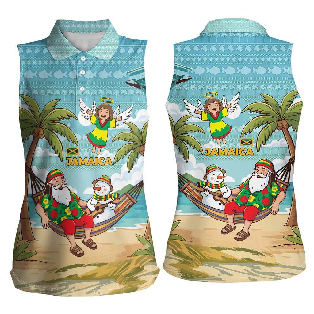 Jamaica Christmas Women Sleeveless Polo Shirt with Rasta Santa Snowman Hammock Angel Palm Trees and Tropical Beach Design - Wonder Print Shop