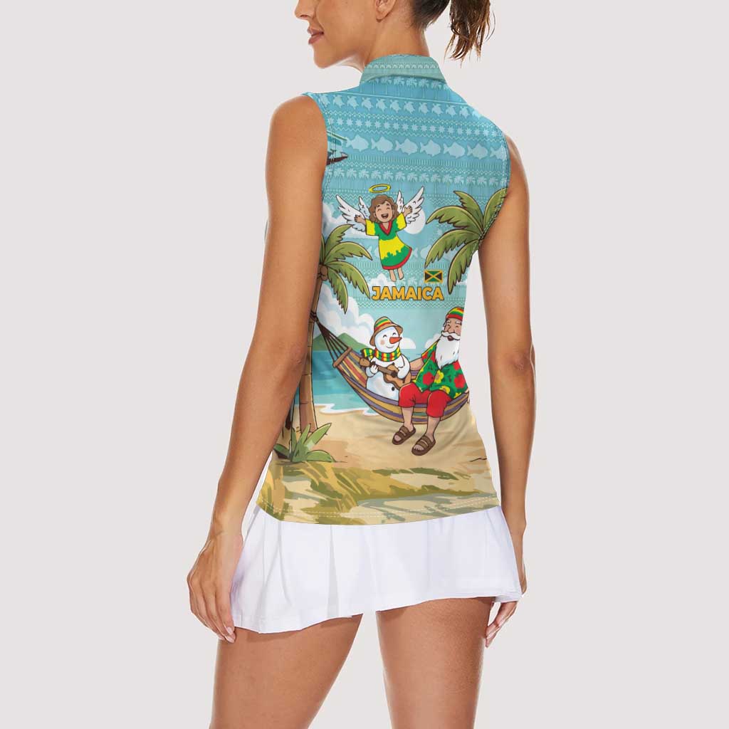 Jamaica Christmas Women Sleeveless Polo Shirt with Rasta Santa Snowman Hammock Angel Palm Trees and Tropical Beach Design - Wonder Print Shop