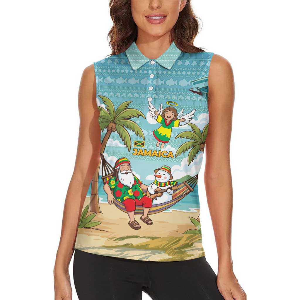 Jamaica Christmas Women Sleeveless Polo Shirt with Rasta Santa Snowman Hammock Angel Palm Trees and Tropical Beach Design - Wonder Print Shop
