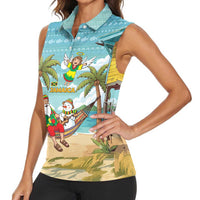 Jamaica Christmas Women Sleeveless Polo Shirt with Rasta Santa Snowman Hammock Angel Palm Trees and Tropical Beach Design - Wonder Print Shop