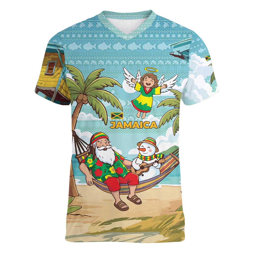 Jamaica Christmas Women V-Neck T-Shirt with Rasta Santa Snowman Hammock Angel Palm Trees and Tropical Beach Design - Wonder Print Shop