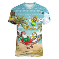 Jamaica Christmas Women V-Neck T-Shirt with Rasta Santa Snowman Hammock Angel Palm Trees and Tropical Beach Design - Wonder Print Shop