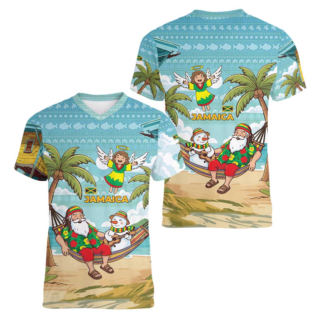 Jamaica Christmas Women V-Neck T-Shirt with Rasta Santa Snowman Hammock Angel Palm Trees and Tropical Beach Design - Wonder Print Shop