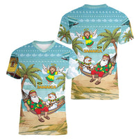 Jamaica Christmas Women V-Neck T-Shirt with Rasta Santa Snowman Hammock Angel Palm Trees and Tropical Beach Design - Wonder Print Shop