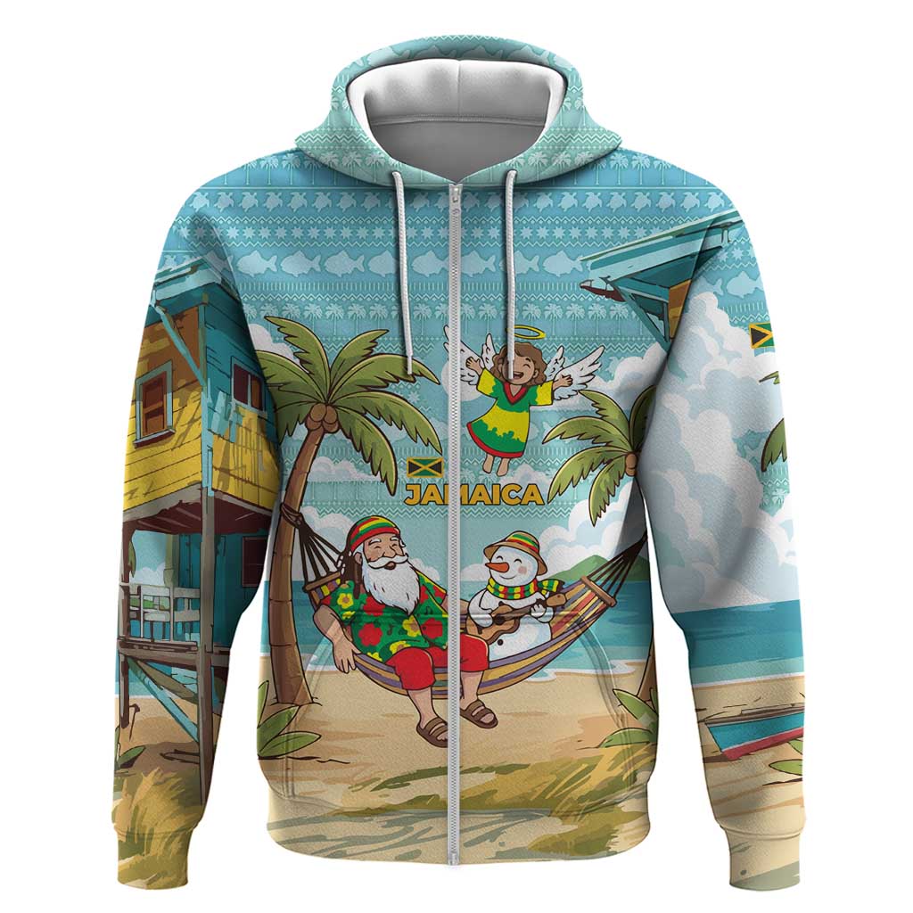 Jamaica Christmas Zip Hoodie with Rasta Santa Snowman Hammock Angel Palm Trees and Tropical Beach Design - Wonder Print Shop