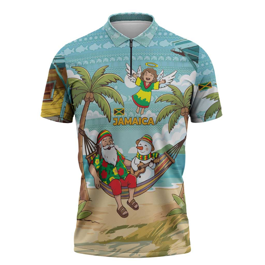 Jamaica Christmas Zipper Polo Shirt with Rasta Santa Snowman Hammock Angel Palm Trees and Tropical Beach Design - Wonder Print Shop