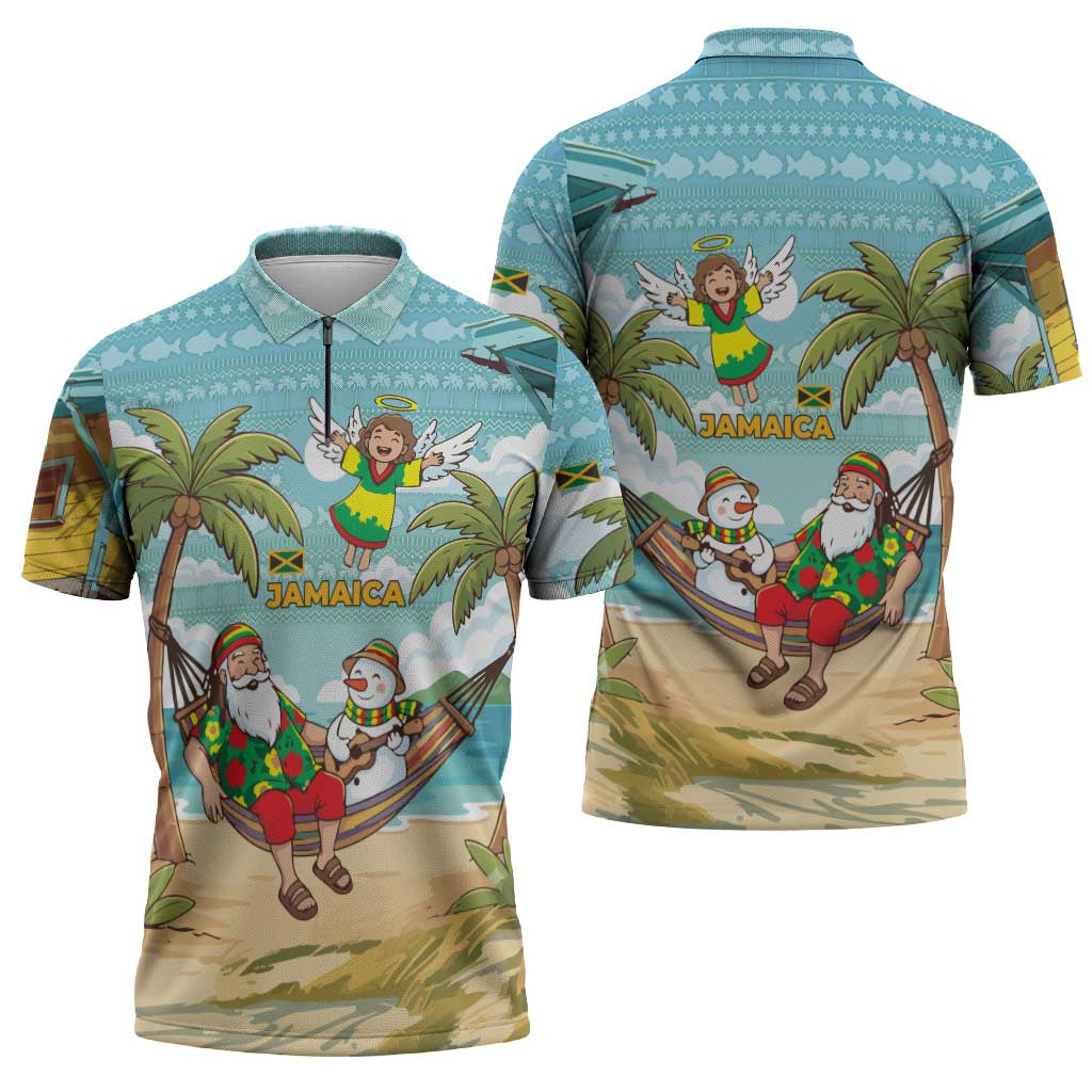 Jamaica Christmas Zipper Polo Shirt with Rasta Santa Snowman Hammock Angel Palm Trees and Tropical Beach Design - Wonder Print Shop