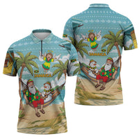 Jamaica Christmas Zipper Polo Shirt with Rasta Santa Snowman Hammock Angel Palm Trees and Tropical Beach Design - Wonder Print Shop