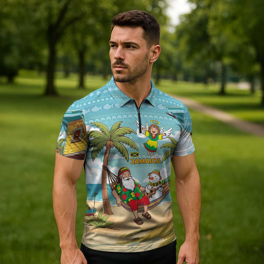 Jamaica Christmas Zipper Polo Shirt with Rasta Santa Snowman Hammock Angel Palm Trees and Tropical Beach Design - Wonder Print Shop