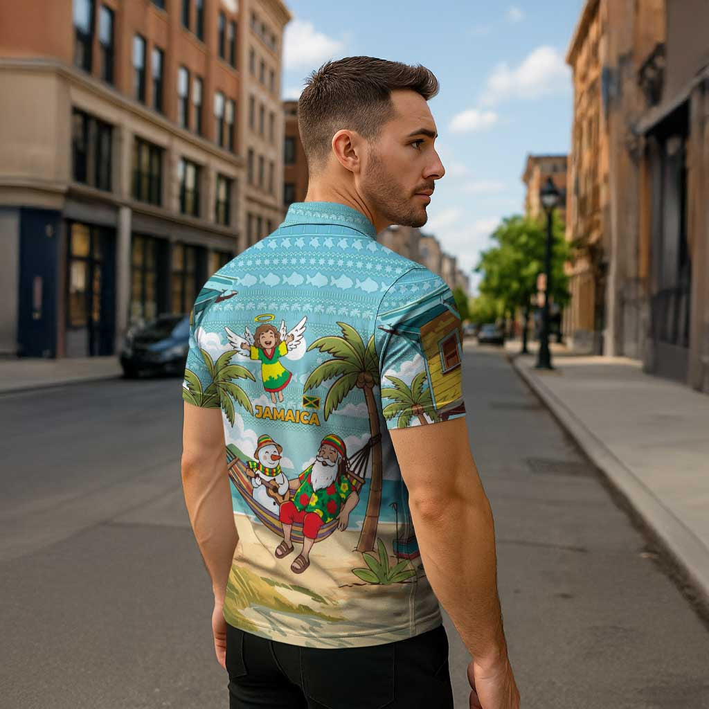 Jamaica Christmas Zipper Polo Shirt with Rasta Santa Snowman Hammock Angel Palm Trees and Tropical Beach Design - Wonder Print Shop
