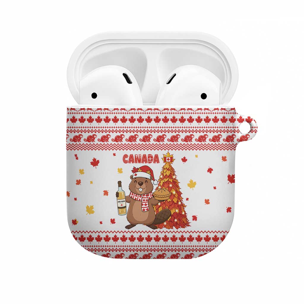 Canada Christmas AirPods Case with Beaver Maple Tree Ice Wine Pie and Red White Knit Pattern Design - Wonder Print Shop