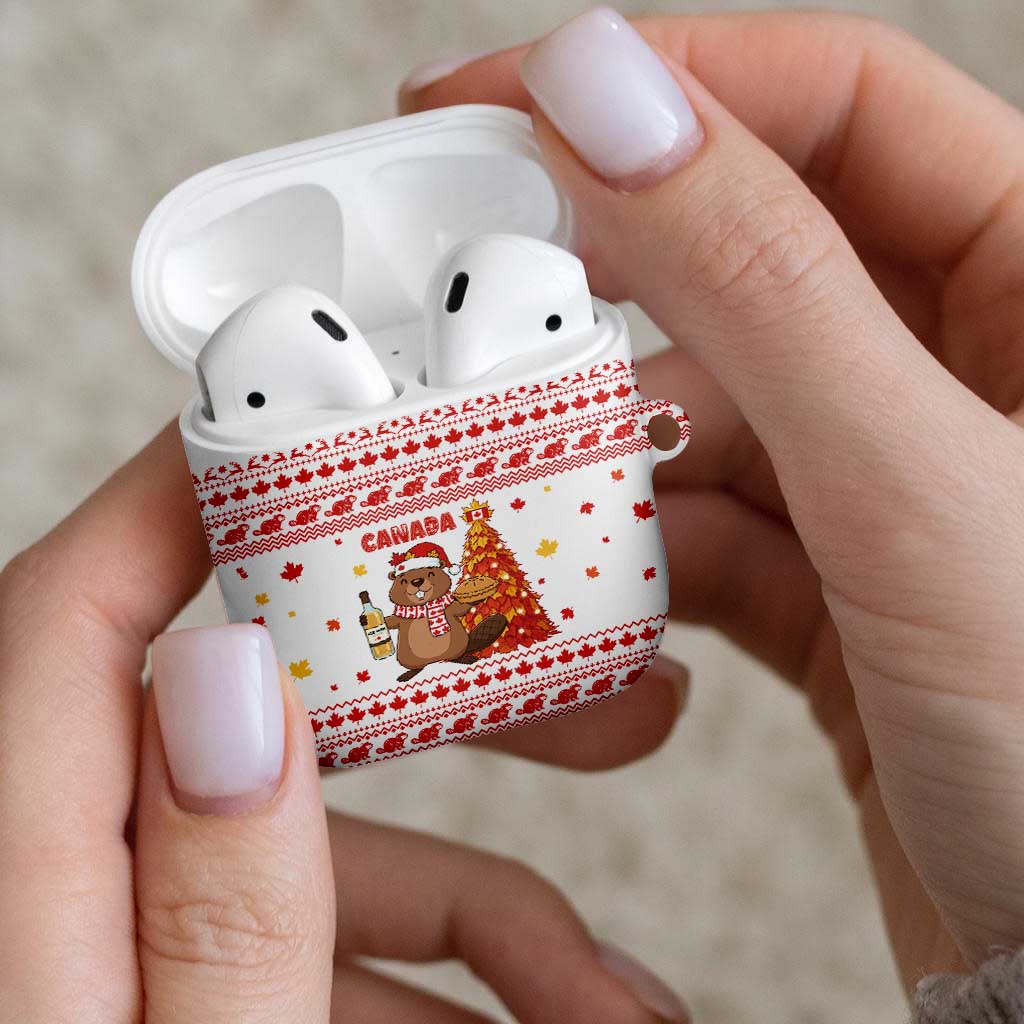 Canada Christmas AirPods Case with Beaver Maple Tree Ice Wine Pie and Red White Knit Pattern Design - Wonder Print Shop