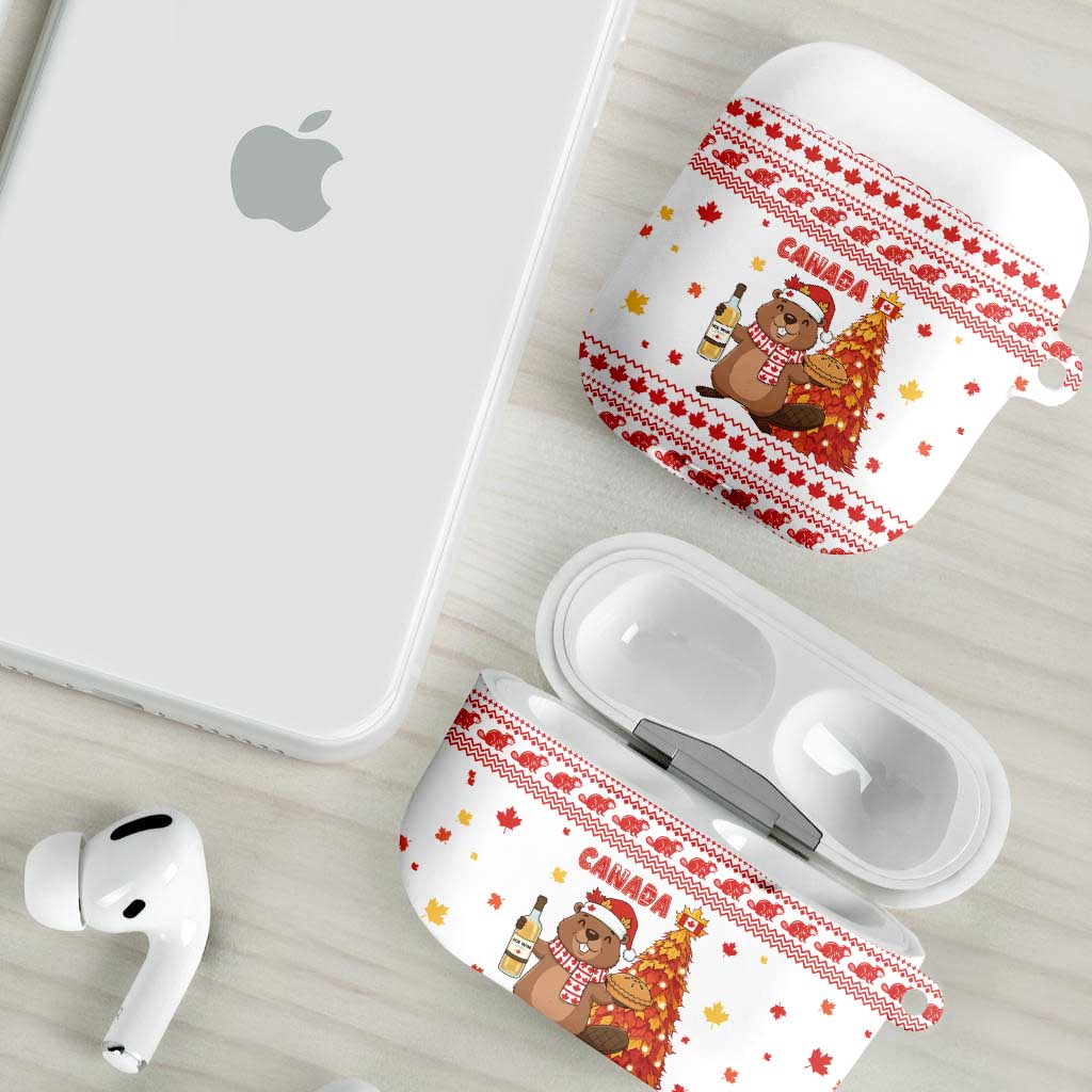 Canada Christmas AirPods Case with Beaver Maple Tree Ice Wine Pie and Red White Knit Pattern Design - Wonder Print Shop