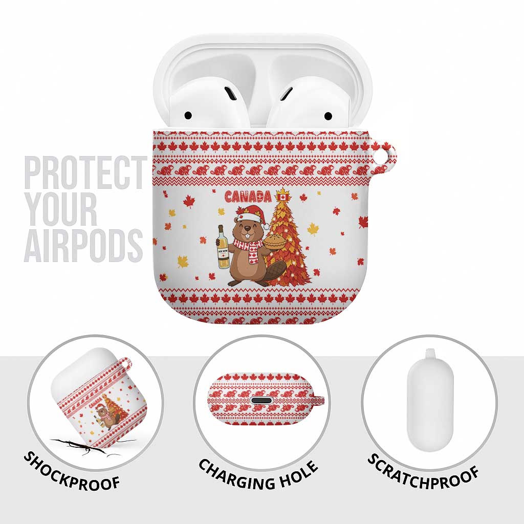 Canada Christmas AirPods Case with Beaver Maple Tree Ice Wine Pie and Red White Knit Pattern Design - Wonder Print Shop