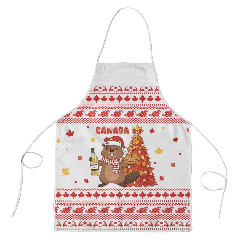 Canada Christmas Apron with Beaver Maple Tree Ice Wine Pie and Red White Knit Pattern Design - Wonder Print Shop