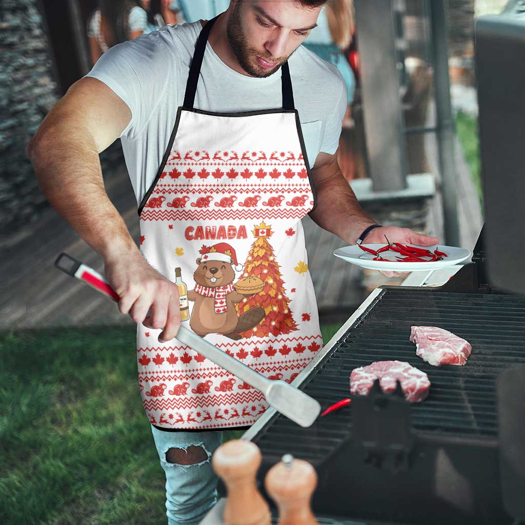 Canada Christmas Apron with Beaver Maple Tree Ice Wine Pie and Red White Knit Pattern Design - Wonder Print Shop