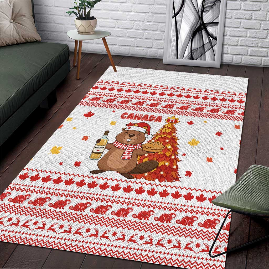 Canada Christmas Area Rug with Beaver Maple Tree Ice Wine Pie and Red White Knit Pattern Design - Wonder Print Shop