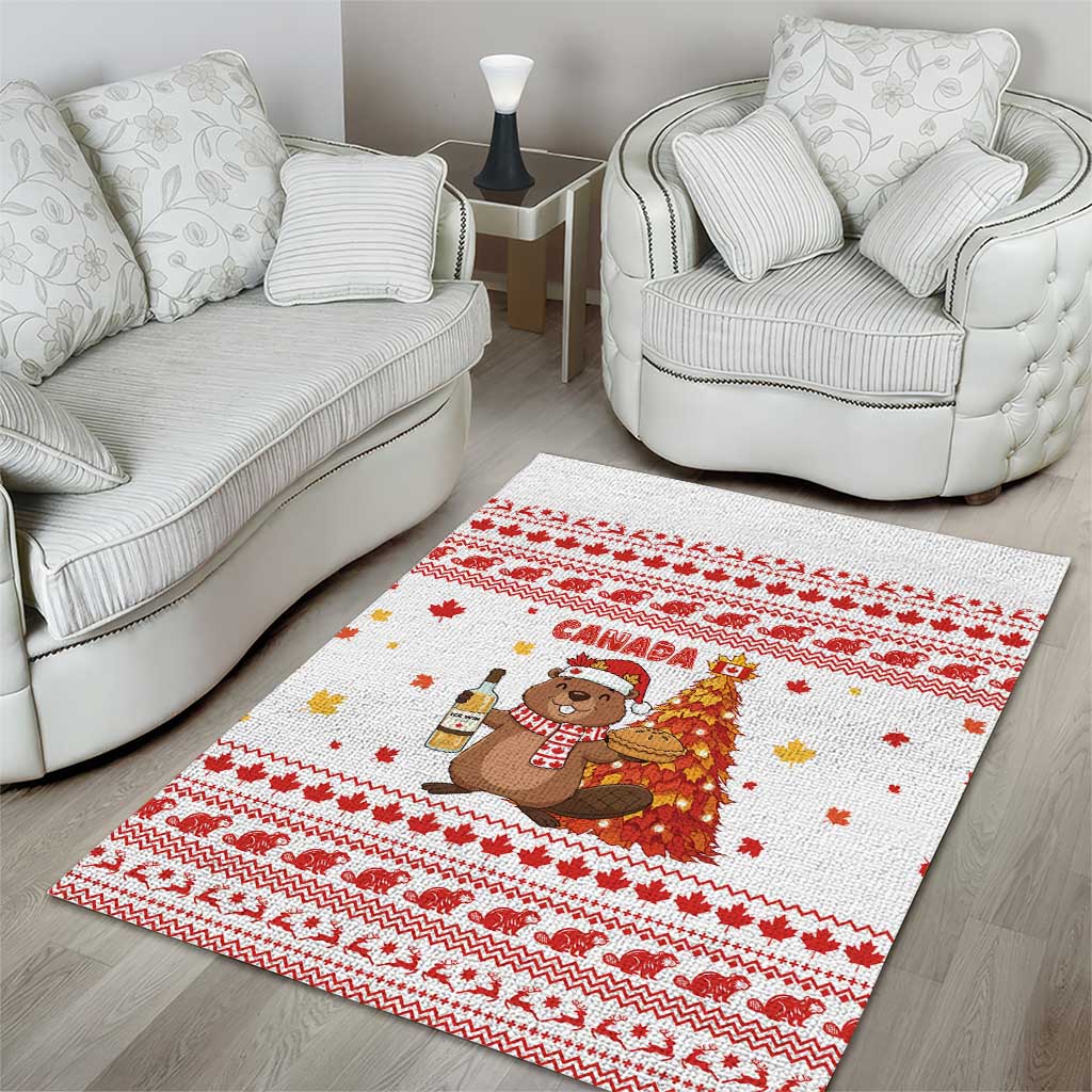 Canada Christmas Area Rug with Beaver Maple Tree Ice Wine Pie and Red White Knit Pattern Design - Wonder Print Shop