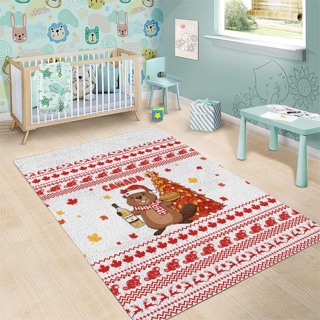 Canada Christmas Area Rug with Beaver Maple Tree Ice Wine Pie and Red White Knit Pattern Design - Wonder Print Shop