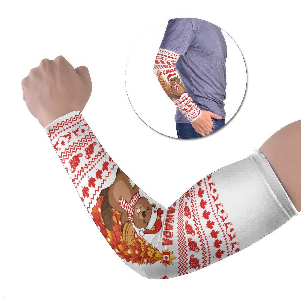 Canada Christmas Arm Sleeves with Beaver Maple Tree Ice Wine Pie and Red White Knit Pattern Design - Wonder Print Shop