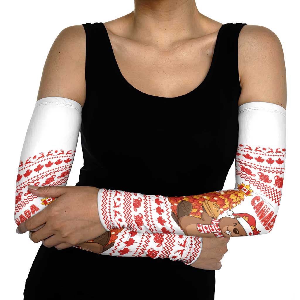 Canada Christmas Arm Sleeves with Beaver Maple Tree Ice Wine Pie and Red White Knit Pattern Design - Wonder Print Shop