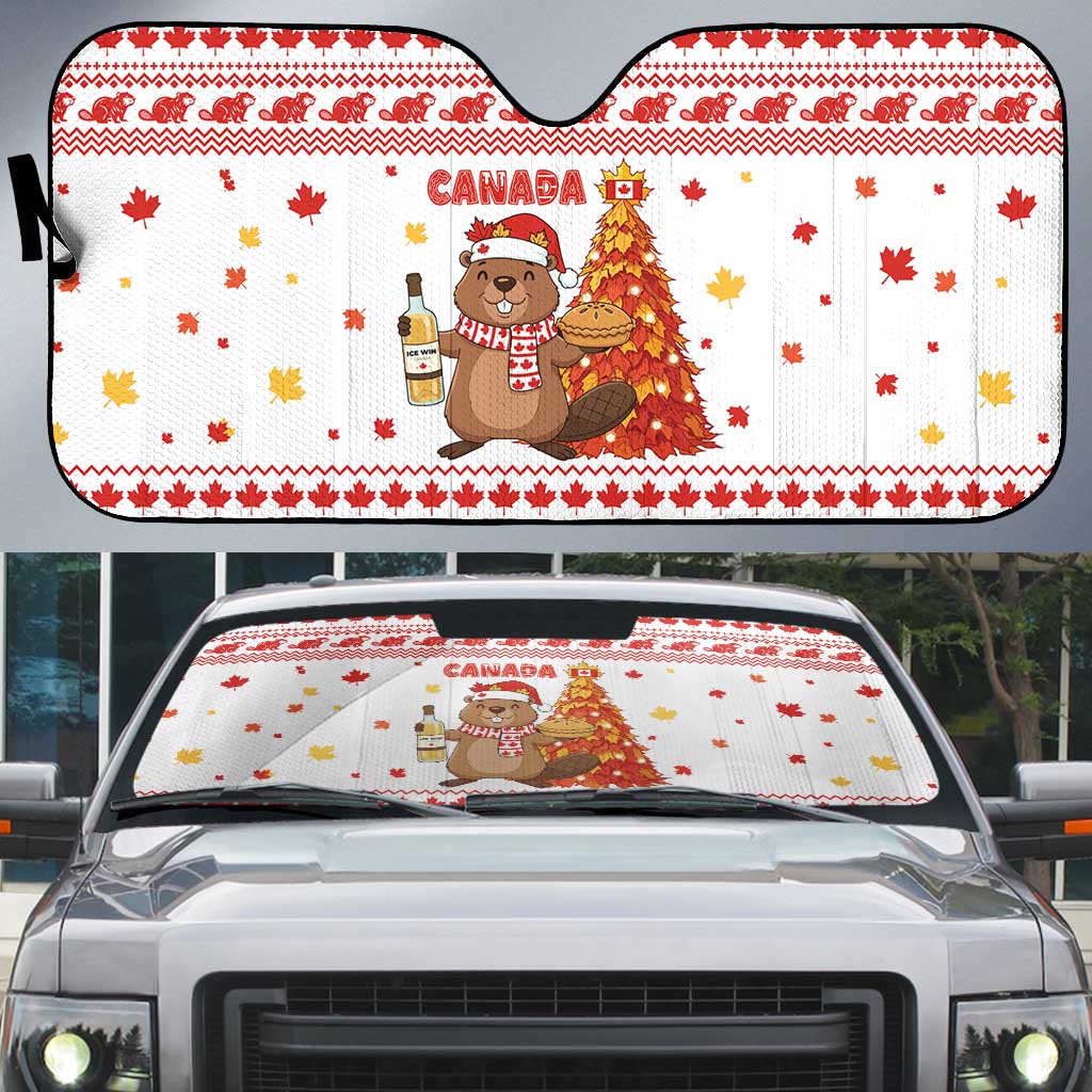 Canada Christmas Auto Sun Shade with Beaver Maple Tree Ice Wine Pie and Red White Knit Pattern Design - Wonder Print Shop