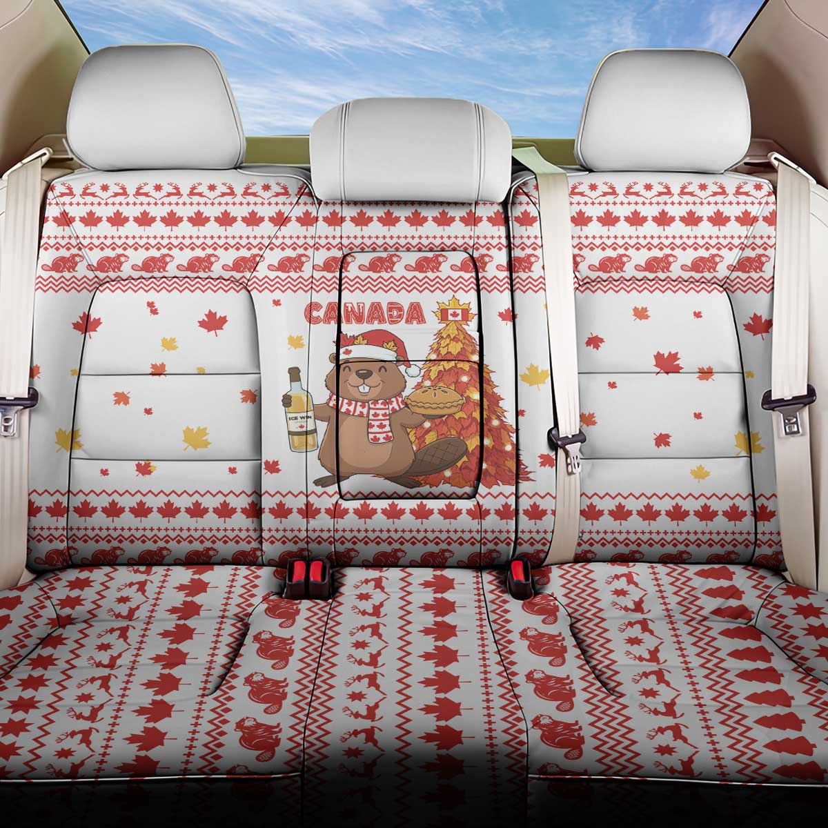 Canada Christmas Back Car Seat Cover with Beaver Maple Tree Ice Wine Pie and Red White Knit Pattern Design - Wonder Print Shop
