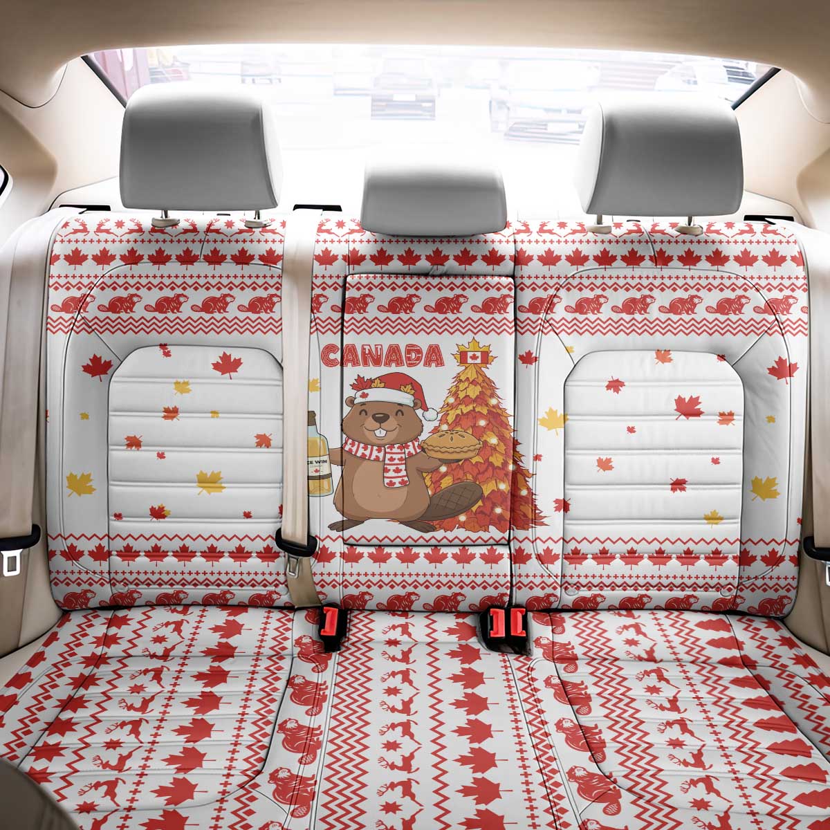 Canada Christmas Back Car Seat Cover with Beaver Maple Tree Ice Wine Pie and Red White Knit Pattern Design - Wonder Print Shop