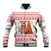 Canada Christmas Baseball Jacket with Beaver Maple Tree Ice Wine Pie and Red White Knit Pattern Design - Wonder Print Shop