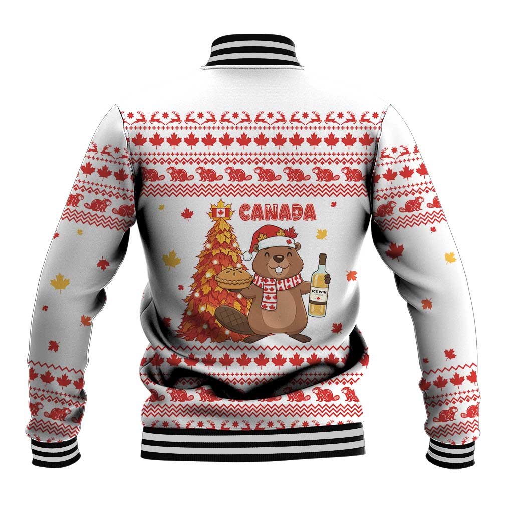 Canada Christmas Baseball Jacket with Beaver Maple Tree Ice Wine Pie and Red White Knit Pattern Design - Wonder Print Shop