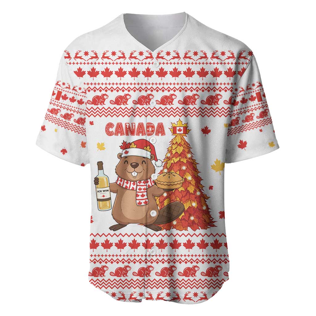 Canada Christmas Baseball Jersey with Beaver Maple Tree Ice Wine Pie and Red White Knit Pattern Design - Wonder Print Shop