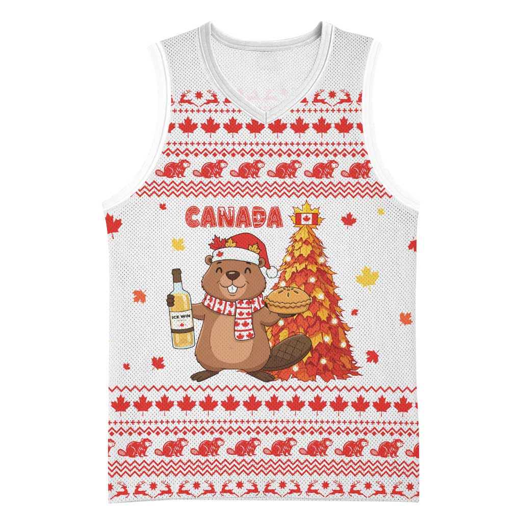 Canada Christmas Basketball Jersey with Beaver Maple Tree Ice Wine Pie and Red White Knit Pattern Design - Wonder Print Shop