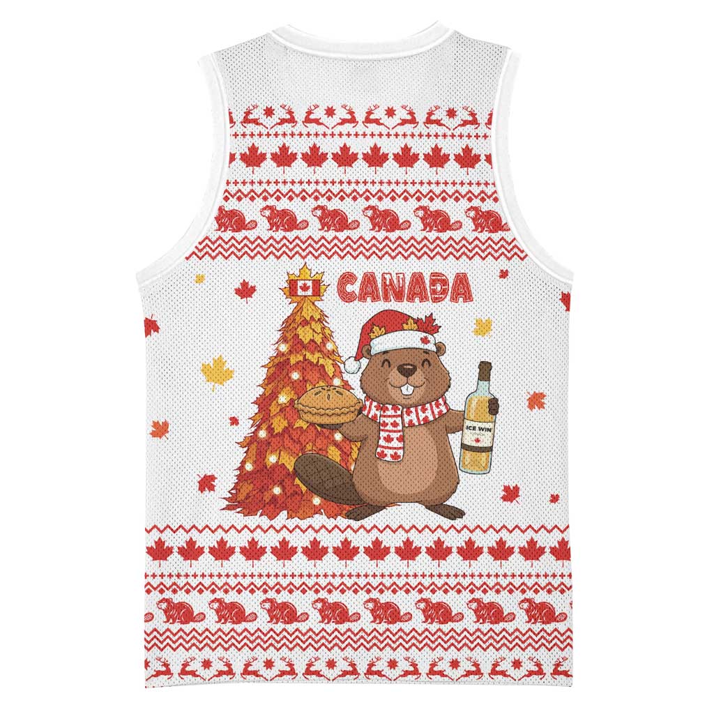 Canada Christmas Basketball Jersey with Beaver Maple Tree Ice Wine Pie and Red White Knit Pattern Design - Wonder Print Shop