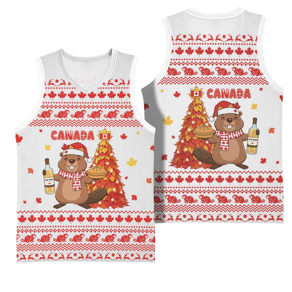 Canada Christmas Basketball Jersey with Beaver Maple Tree Ice Wine Pie and Red White Knit Pattern Design - Wonder Print Shop